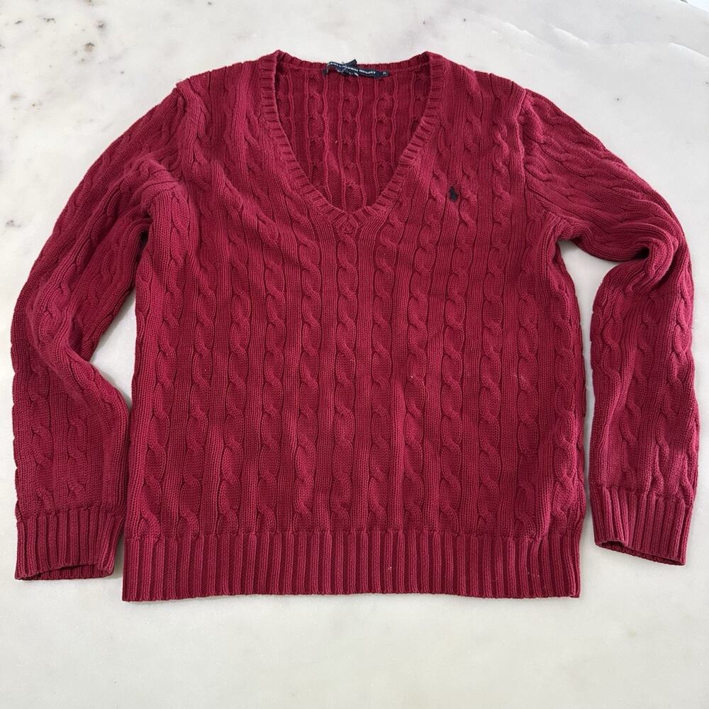 Ralph Lauren Sports Women's XL Cable Knit V-Neck Sweater Dark Red Classic Preppy